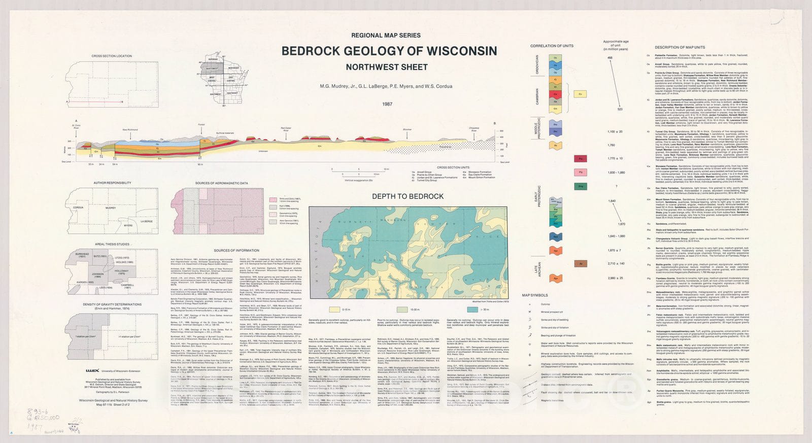 Map : Wisconsin 1988 3, Bedrock geology of Wisconsin : west-central sheet , Antique Vintage Reproduction