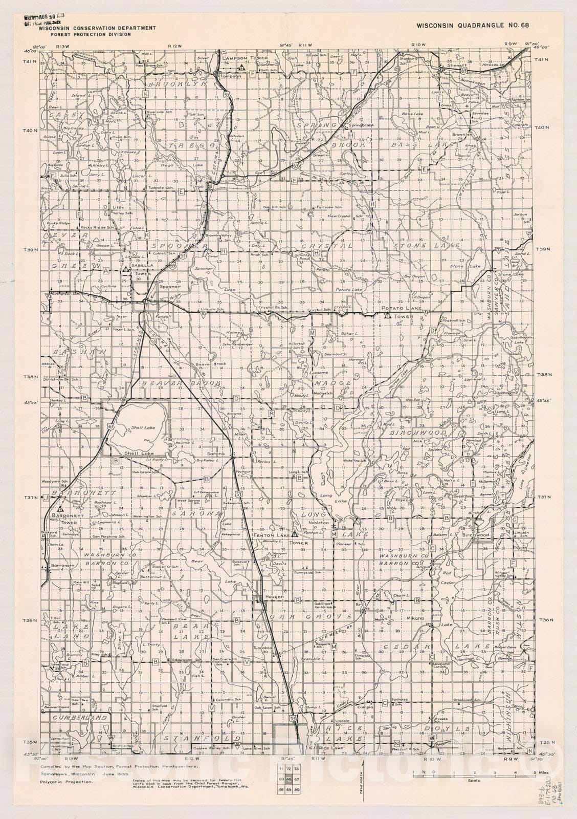 Map : Wisconsin 1939 7, Wisconsin quadrangle compiled by the Map Section, Forest Protection Headquarters, Antique Vintage Reproduction