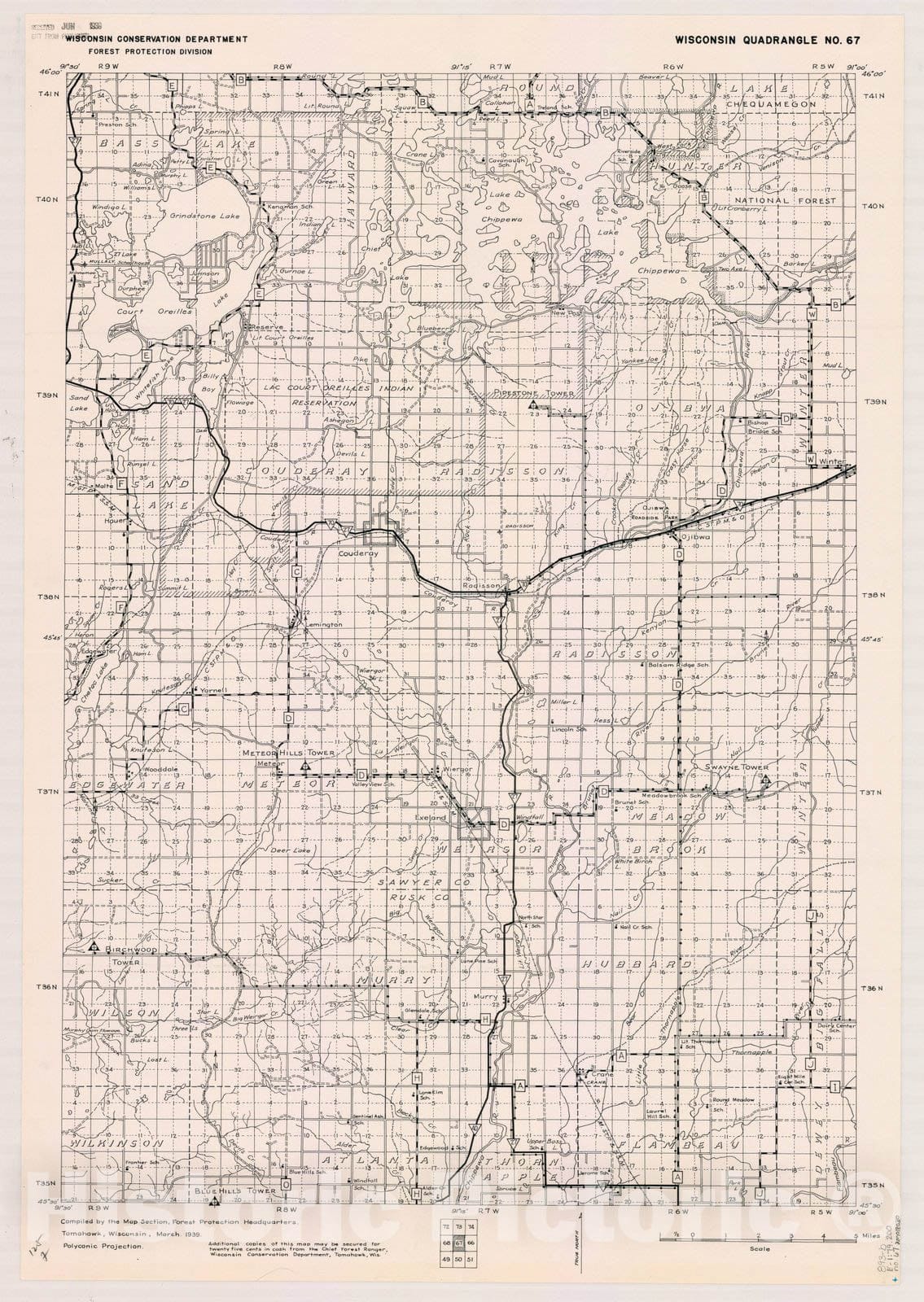 Map : Wisconsin 1939 2, Wisconsin quadrangle compiled by the Map Section, Forest Protection Headquarters, Antique Vintage Reproduction