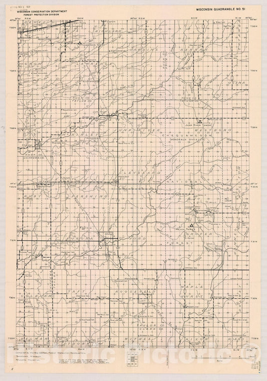 Map : Wisconsin 1939 4, Wisconsin quadrangle compiled by the Map Section, Forest Protection Headquarters, Antique Vintage Reproduction