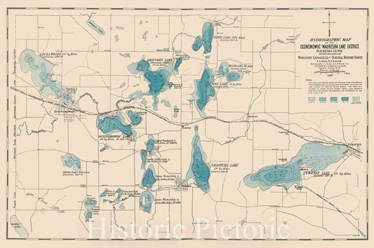 Historic Map : Oconomowoc Lake District, Waukesha County, Wisconsin 1898, Hydrographic map of the Oconomowoc-Waukesha Lake District, Waukesha County, Wis. , Antique Vintage Reproduction