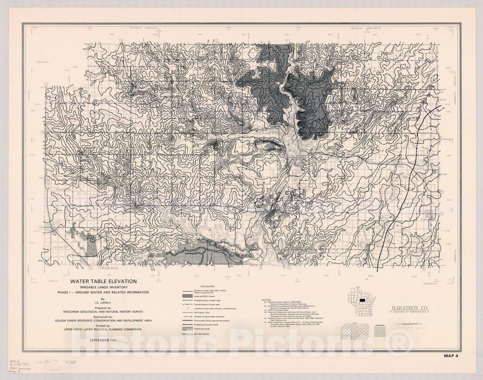Map : Marathon County, Wisconsin 1981, Water table elevation, [name of] Co. : irrigable lands inventory ; phase I, ground water and related information