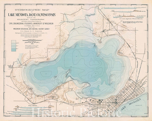 Map : Lake Mendota, Dane County, Wisconsin 1900, Hydrographic map of Lake Mendota, Dane Co., Wisconsin, and of its adjacent topography , Antique Vintage Reproduction