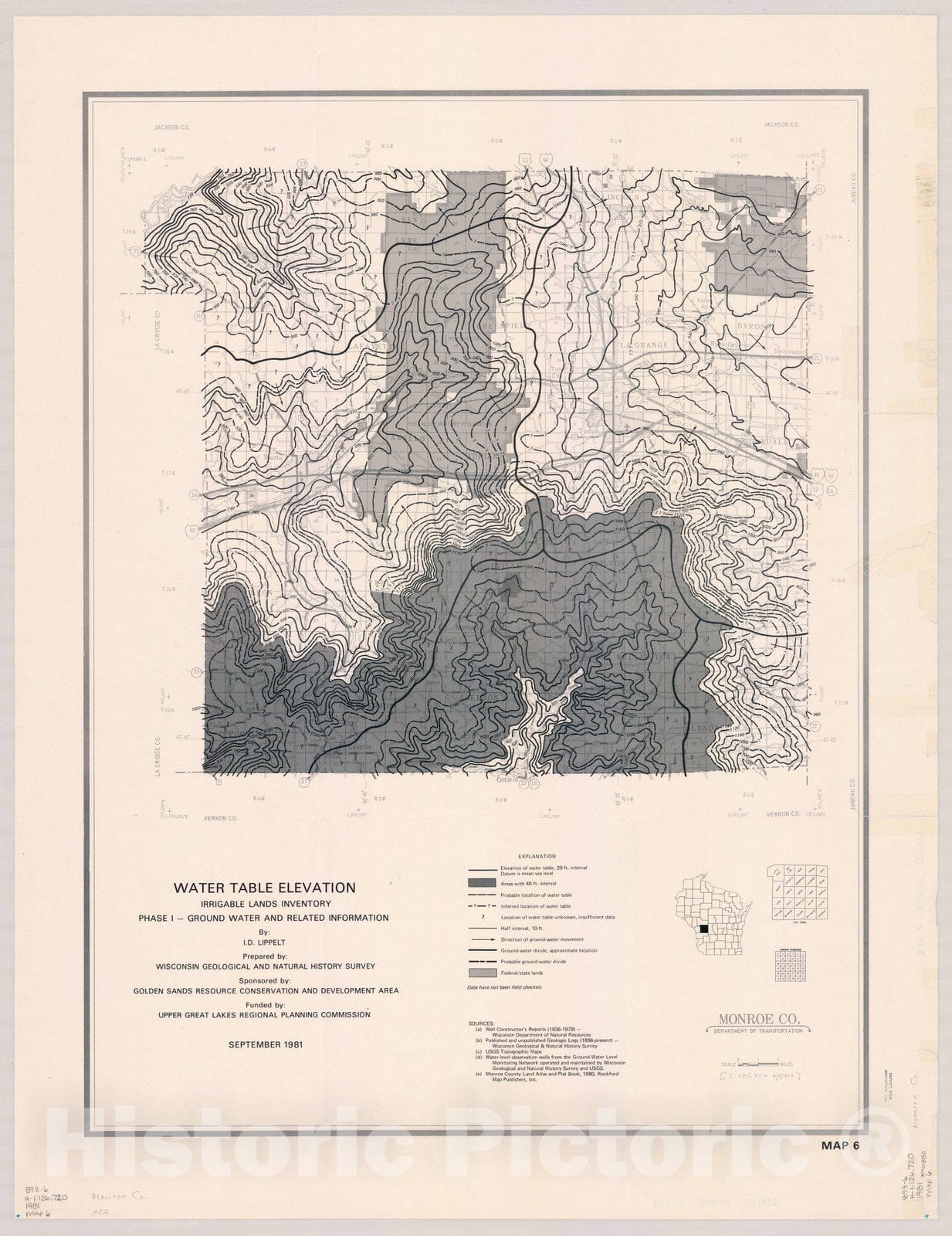 Map : Monroe County, Wisconsin 1981, Water table elevation, [name of] Co. : irrigable lands inventory ; phase I, ground water and related information