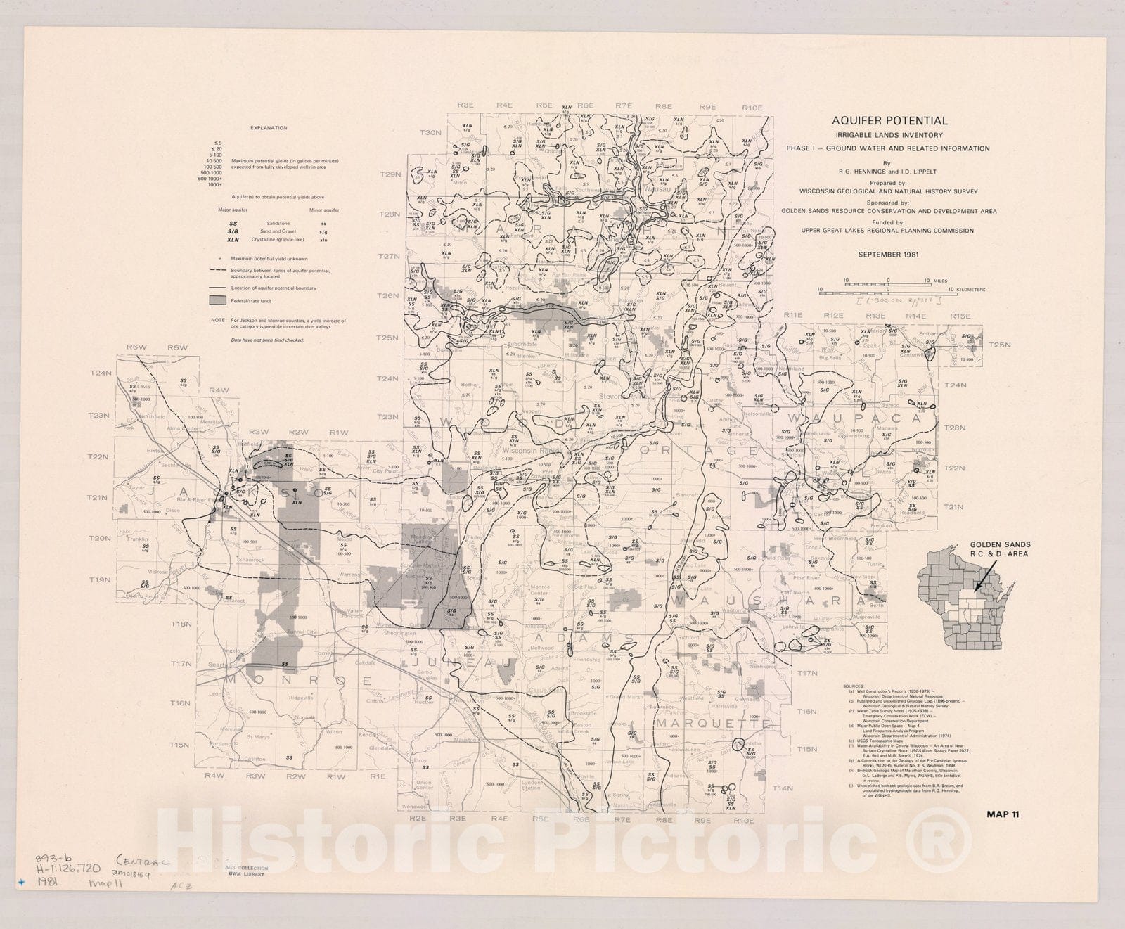 Map : Central Wisconsin 1981, Aquifer Potential irrigable lands inventory phase 1 ground water and related information , Antique Vintage Reproduction