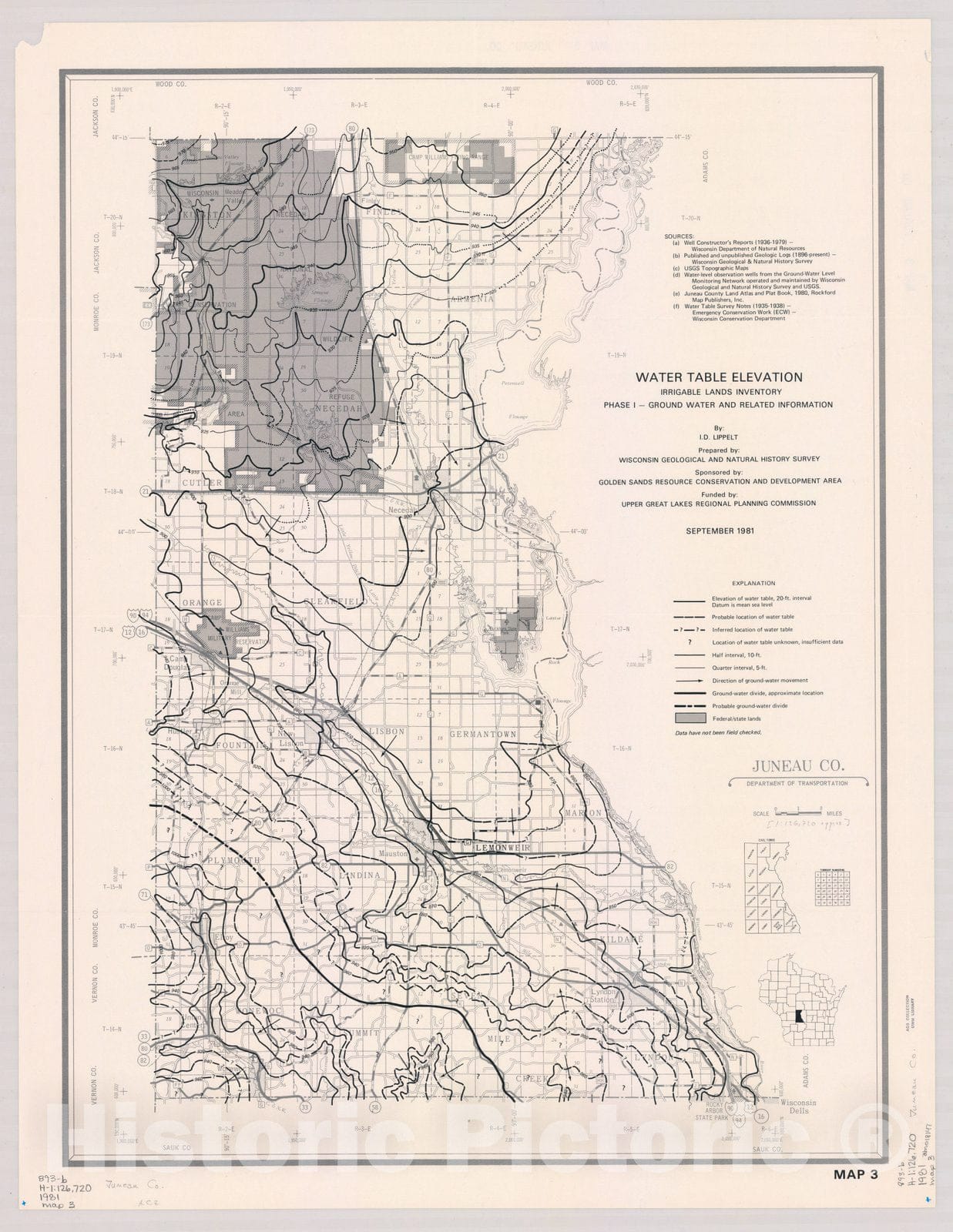 Map : Juneau County, Wisconsin 1981, Water table elevation, [name of] Co. : irrigable lands inventory ; phase I, ground water and related information