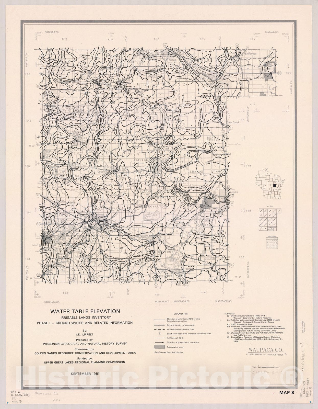 Map : Waupaca County, Wisconsin 1981, Water table elevation, [name of] Co. : irrigable lands inventory ; phase I, ground water and related information