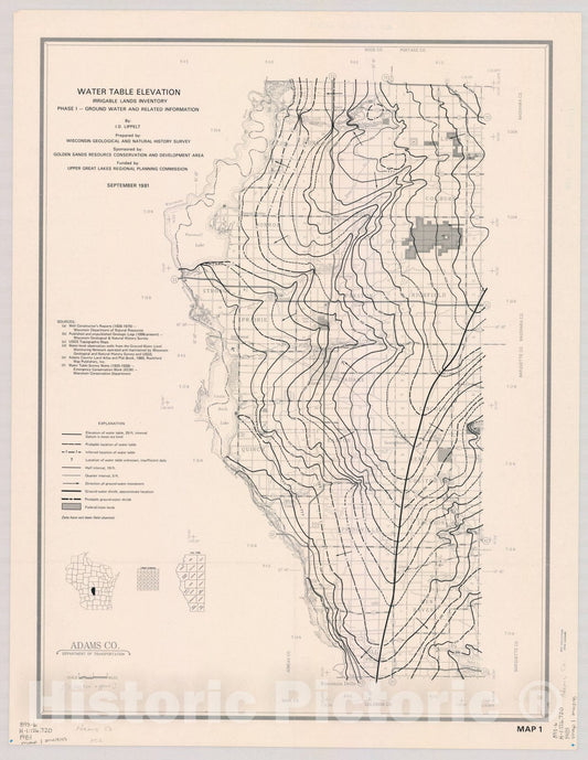 Map : Adams County, Wisconsin 1981, Water table elevation, [name of] Co. : irrigable lands inventory ; phase I, ground water and related information
