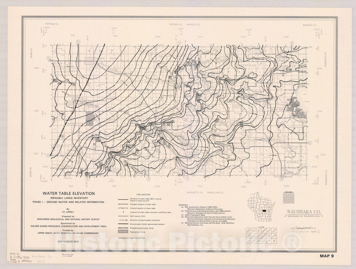 Map : Waushara County, Wisconsin 1981, Water table elevation, [name of] Co. : irrigable lands inventory ; phase I, ground water and related information