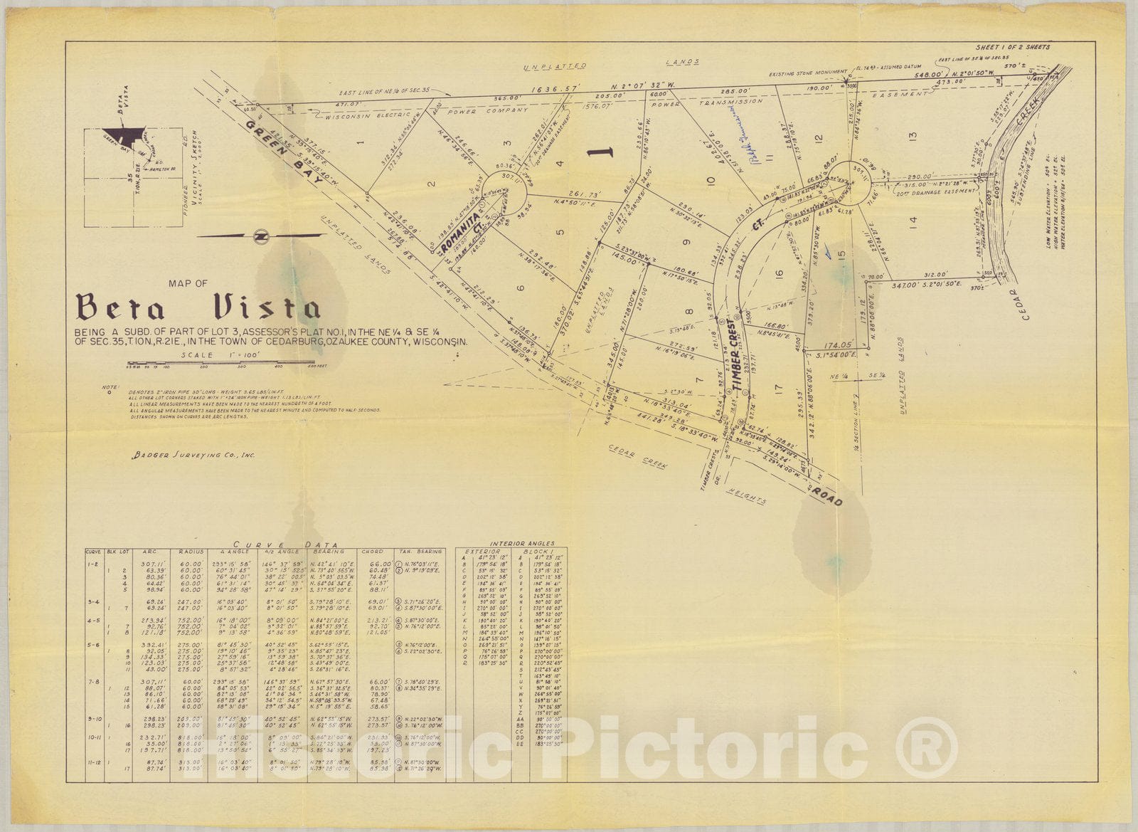 Map : Cedarburg, Wisconsin 1964, Map of Beta Vista being a subd. of part of lot 3, assessor's plat no. 1 in the NE 1, Antique Vintage Reproduction