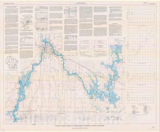Map : Rock River, Jefferson County, Wisconsin 1971, Floods on Rock River in Northeastern Jefferson County, Wisconsin , Antique Vintage Reproduction