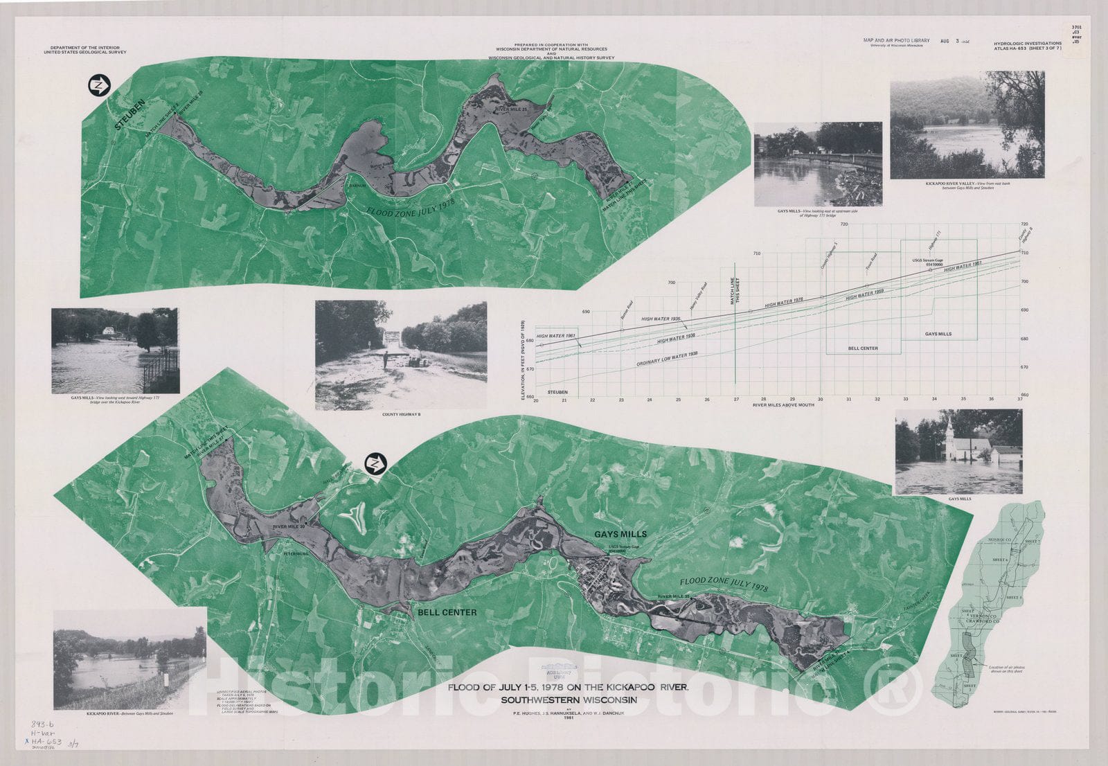 Map : Wisconsin 1981 3, Flood of July 1-5, 1978 on the Kickapoo River, southwestern Wisconsin , Antique Vintage Reproduction