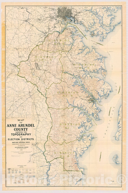 Map : Anne Arundel County, Maryland 1917, Map of Anne Arundel County showing the topography and election districts , Antique Vintage Reproduction