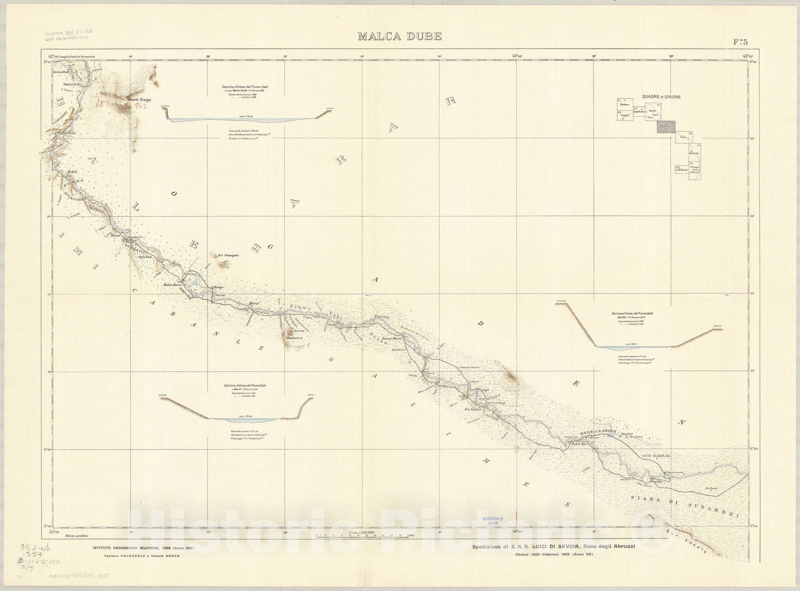 Map : Somalia and Ethiopia 1929 4, Spedizione di S.A.R. Luigi di Savoia, Duca degli Abruzzi, Ottobre 1928-Febbraio 1929 (Anno VII), Antique Vintage Reproduction