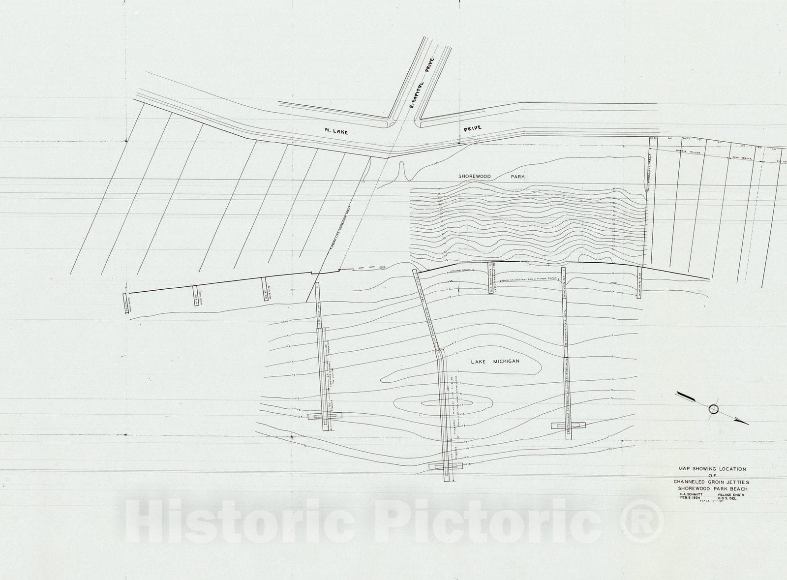 Map : Shorewood, Wisconsin 1934, Map showing location of channeled groin jetties, Shorewood Park Beach, Antique Vintage Reproduction