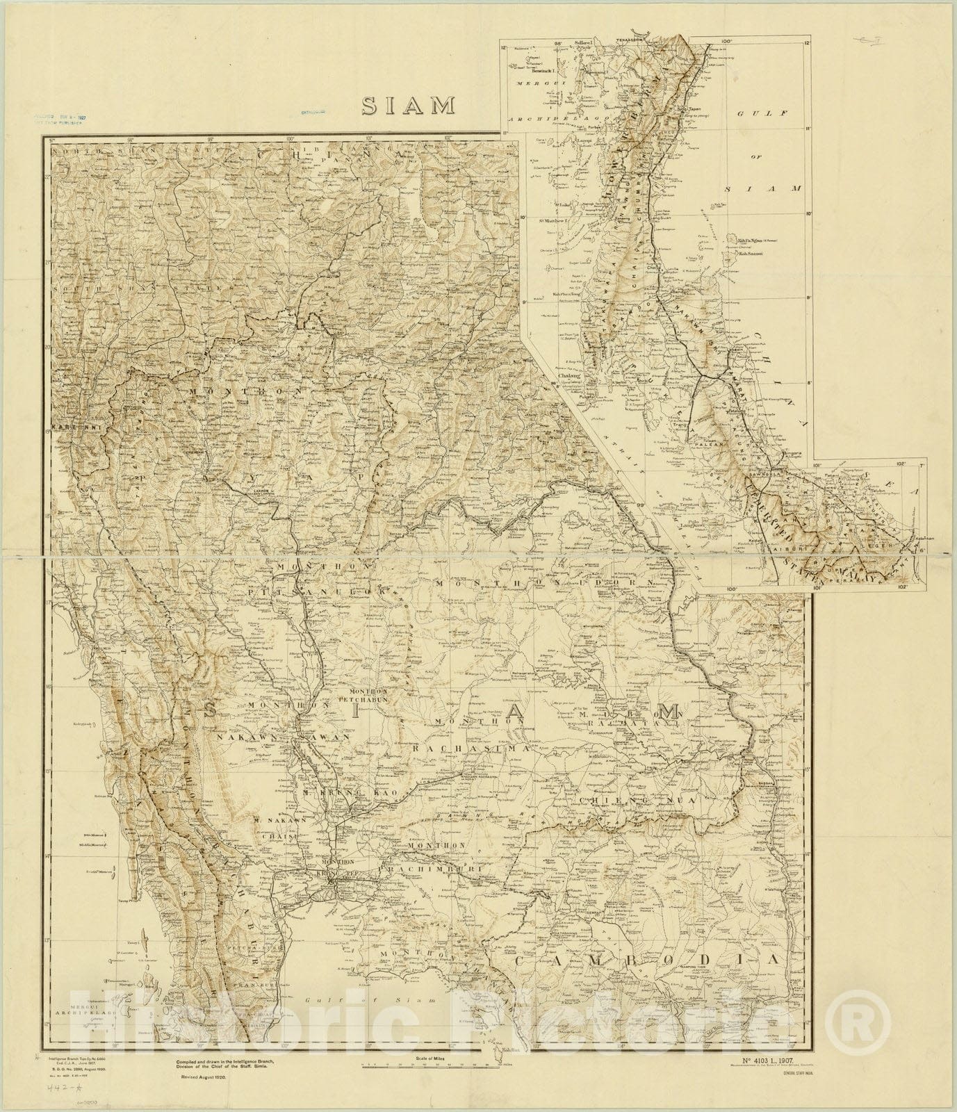 Map : Thailand 1920, Siam , Antique Vintage Reproduction
