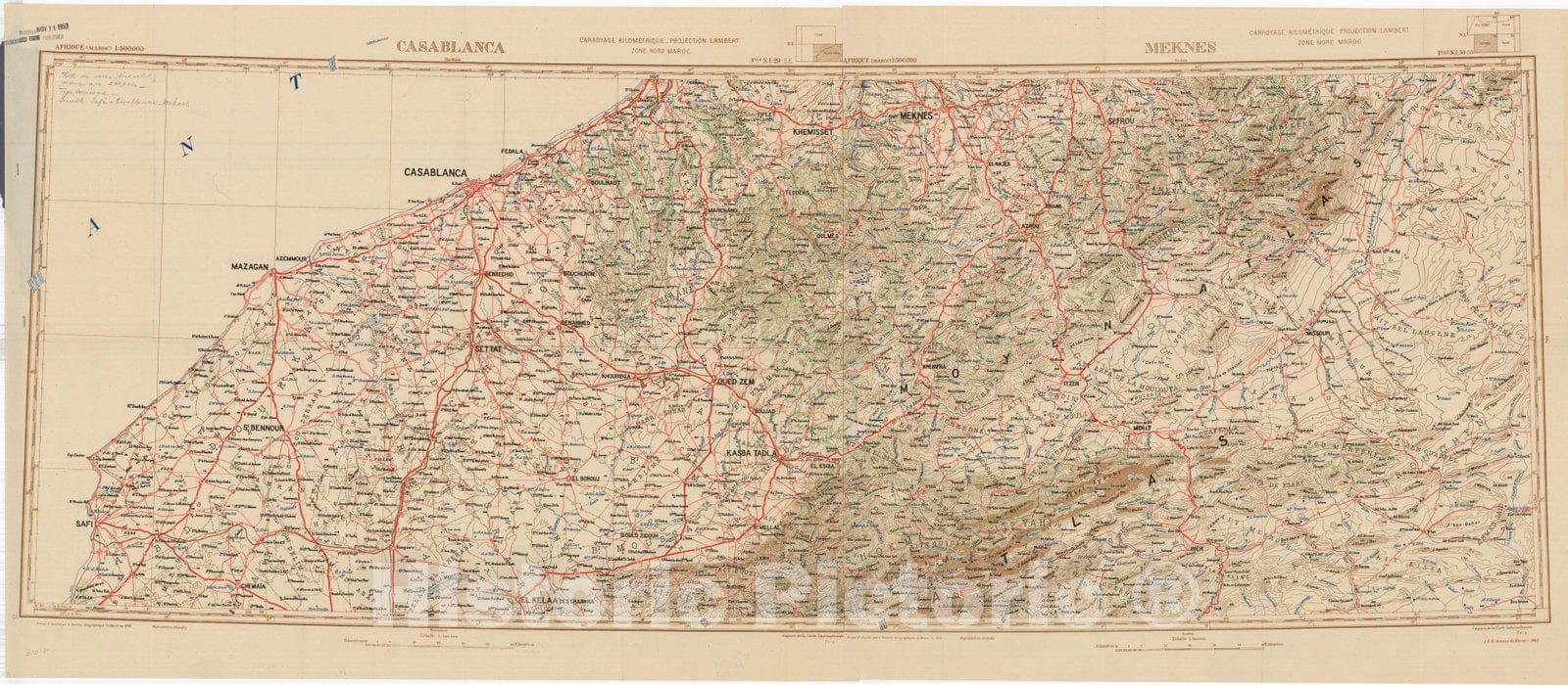 Map : Casablanca, Morocco 1935, Afrique 1:500.000 Casablanca, Antique Vintage Reproduction