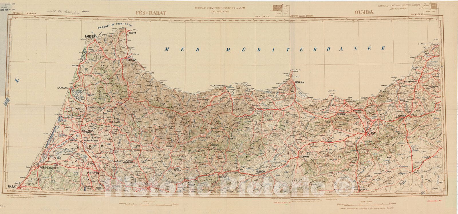 Map : Morocco 1948, Afrique 1:500.000 Fes-Rabat, Oujda, Antique Vintage Reproduction