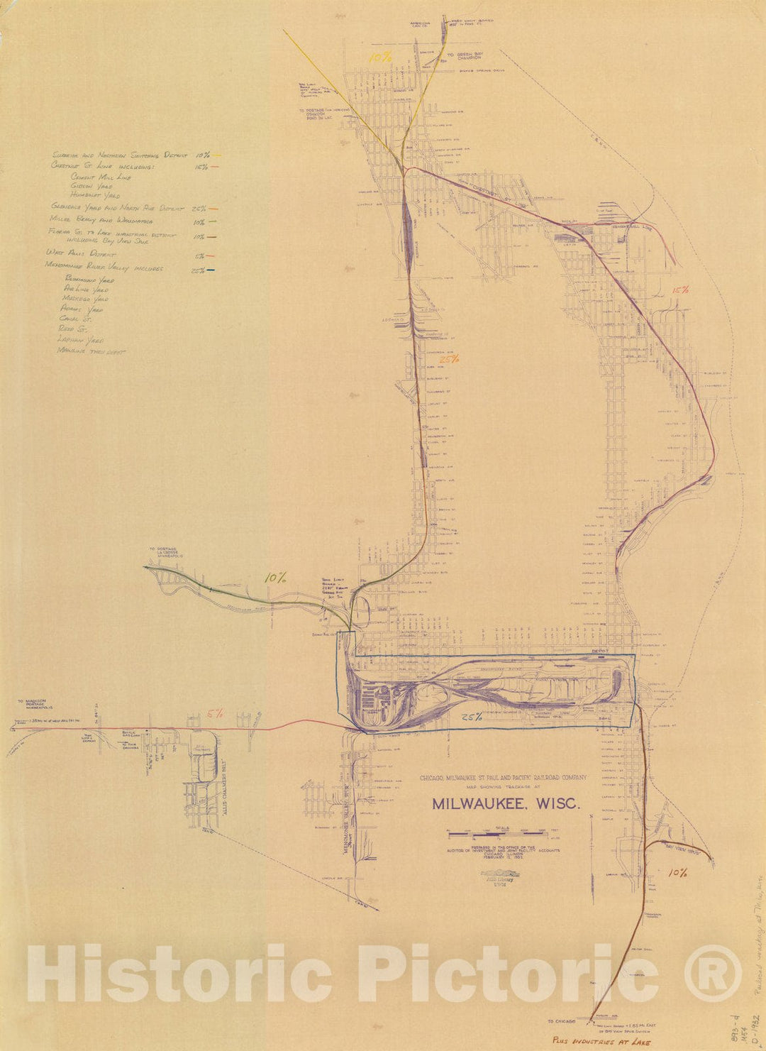 Map : Milwaukee, Wisconsin 1932, Chicago, Milwaukee, St. Paul and Pacific Railroad Company map showing trackage at Milwaukee, Wisc. , Antique Vintage Reproduction