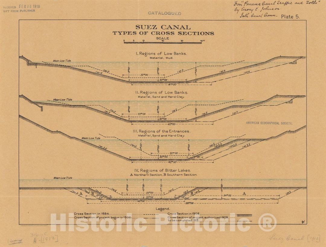 Map : Suez Canal, Egypt 1912, Suez Canal, types of cross sections , Antique Vintage Reproduction