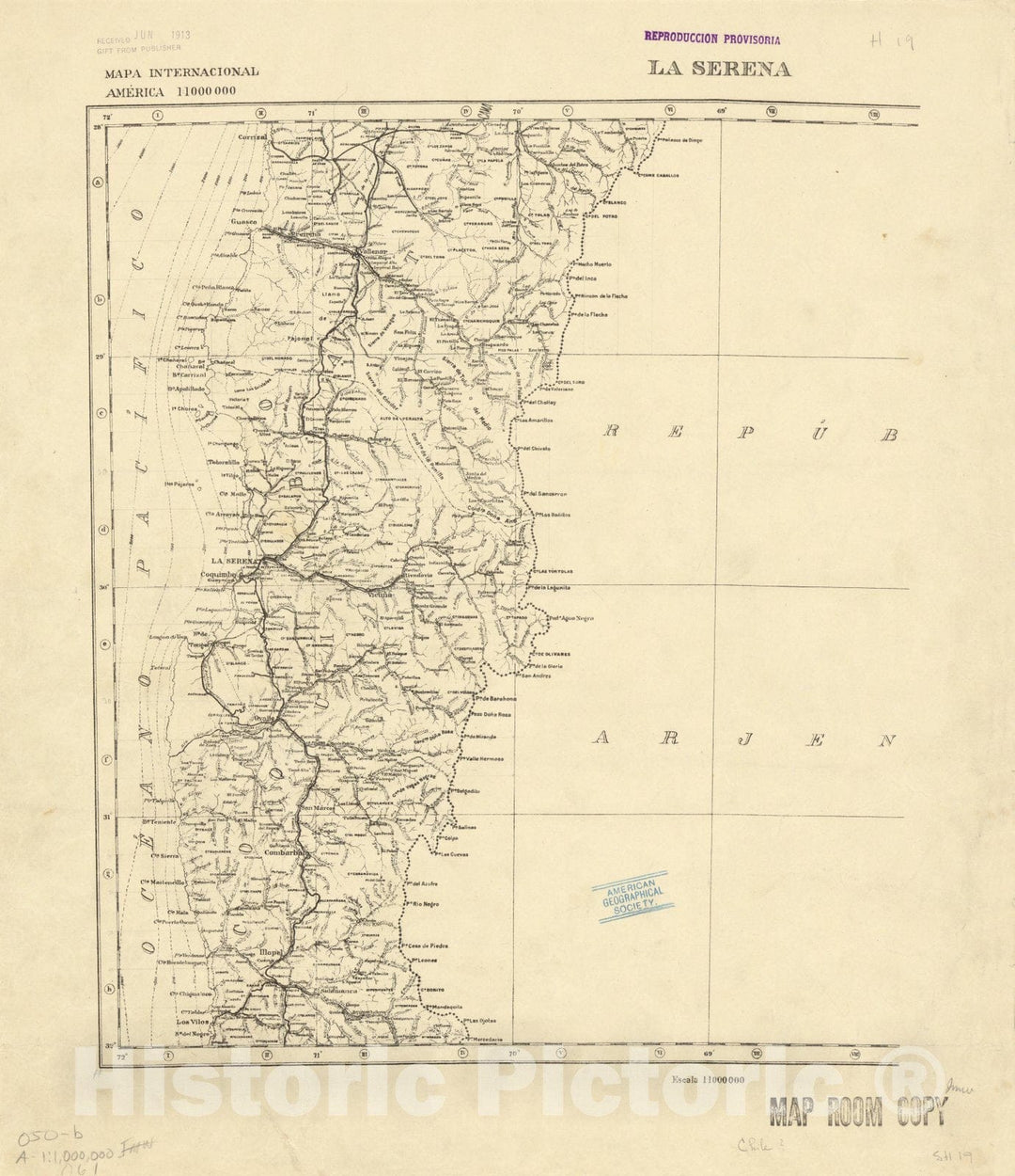 Map : La Serena, Chile 1913, Mapa internacional America 1:1,000,000 La Serena, Antique Vintage Reproduction