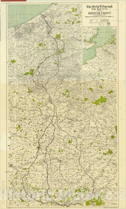 Map : Daily Telegraph war map, France 1918, The Daily Telegraph war map no. 27 of the British front , Antique Vintage Reproduction