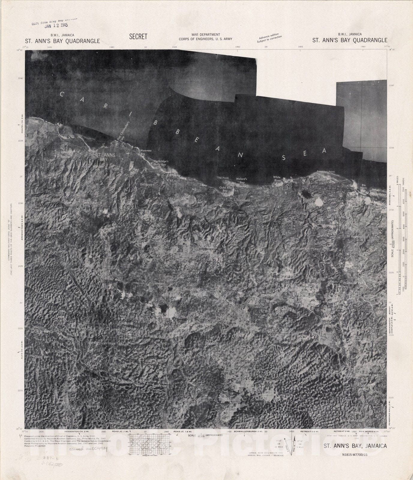 Map : St. Ann's Bay quadrangle, Jamaica 1942, Jamaica B.W.I. 1:62,500, Antique Vintage Reproduction