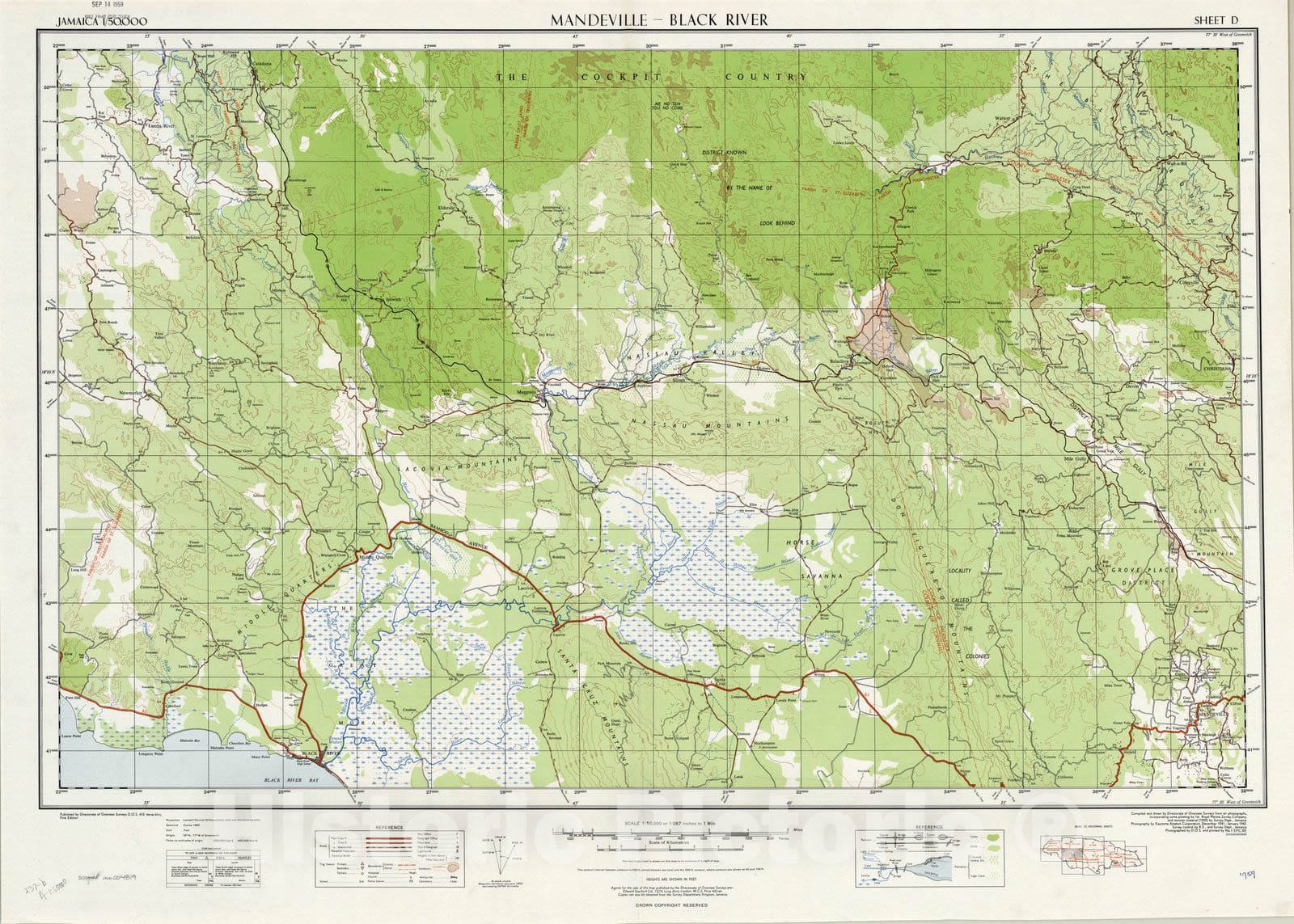 Map : Mandeville, Black River, Jamaica 1959, Jamaica 1:50,000, Antique Vintage Reproduction