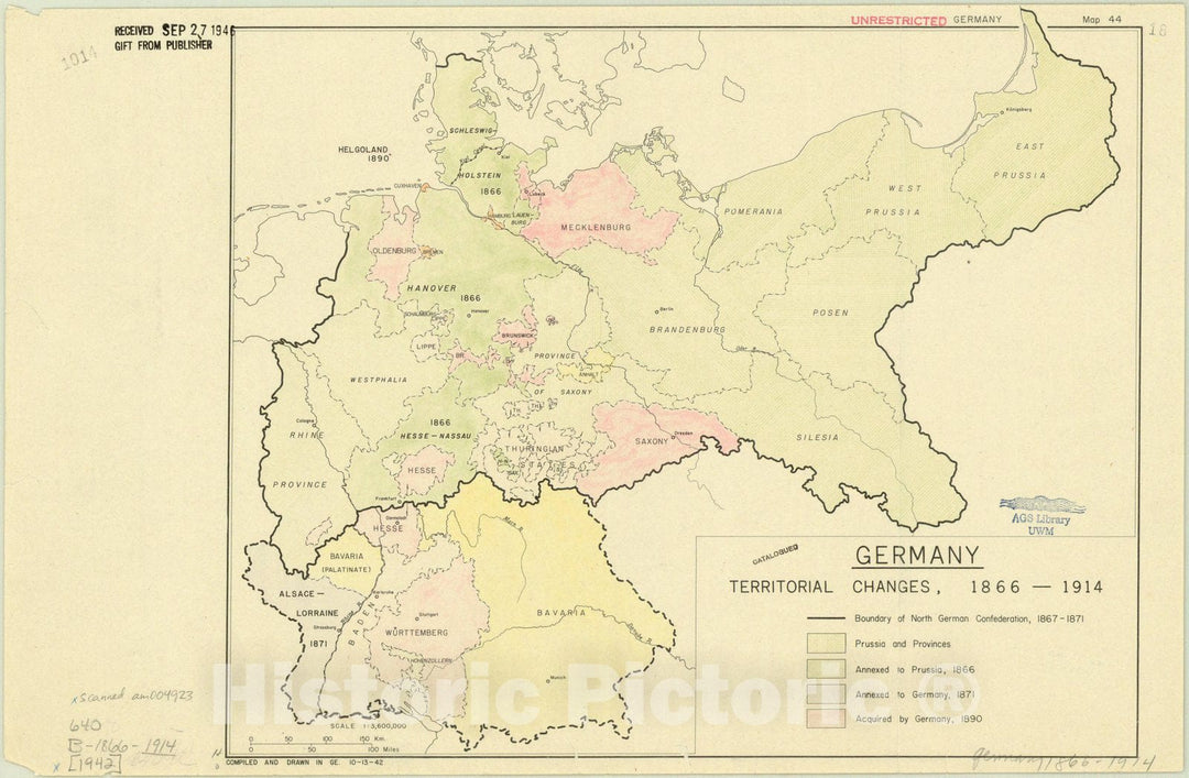 Map : Germany 1942, Germany, territorial changes, 1866-1914 , Antique Vintage Reproduction