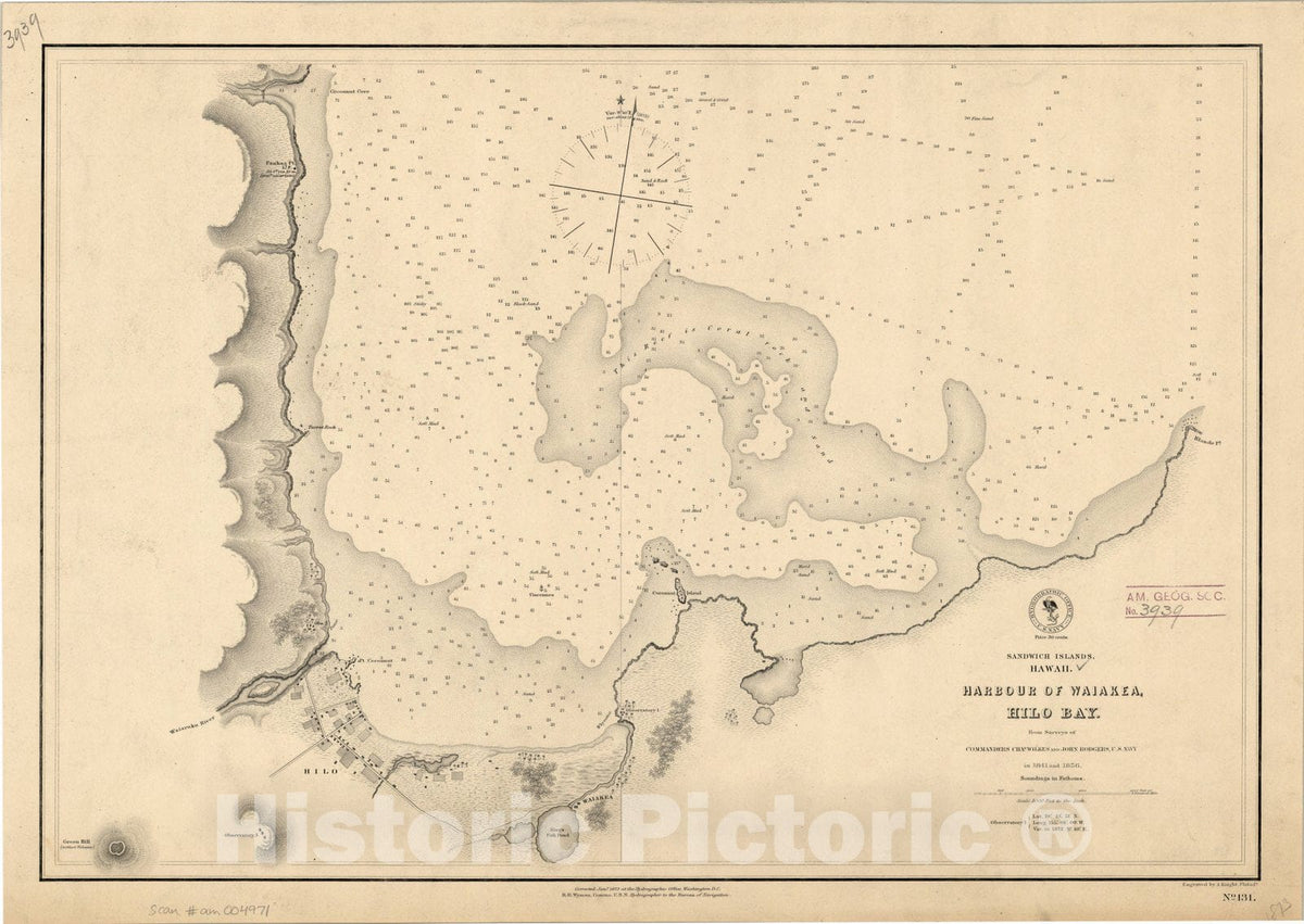 Map : Waikiki, Hawaii 1856, Harbour of Waiakea (Hilo), Island of Hawaii, Antique Vintage Reproduction