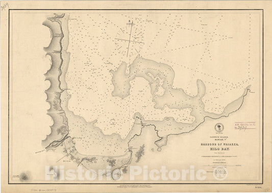 Map : Waikiki, Hawaii 1856, Harbour of Waiakea (Hilo), Island of Hawaii, Antique Vintage Reproduction