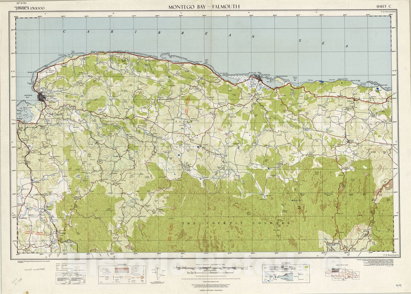 Map : Montego Bay, Falmouth, Jamaica 1959, Jamaica 1:50,000, Antique Vintage Reproduction