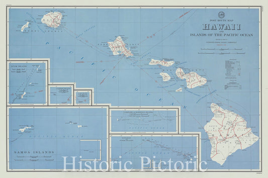 Map : Hawaii and islands of the Pacific Ocean 1953, post route map, Post route map, Hawaii and islands of the Pacific Ocean , Antique Vintage Reproduction