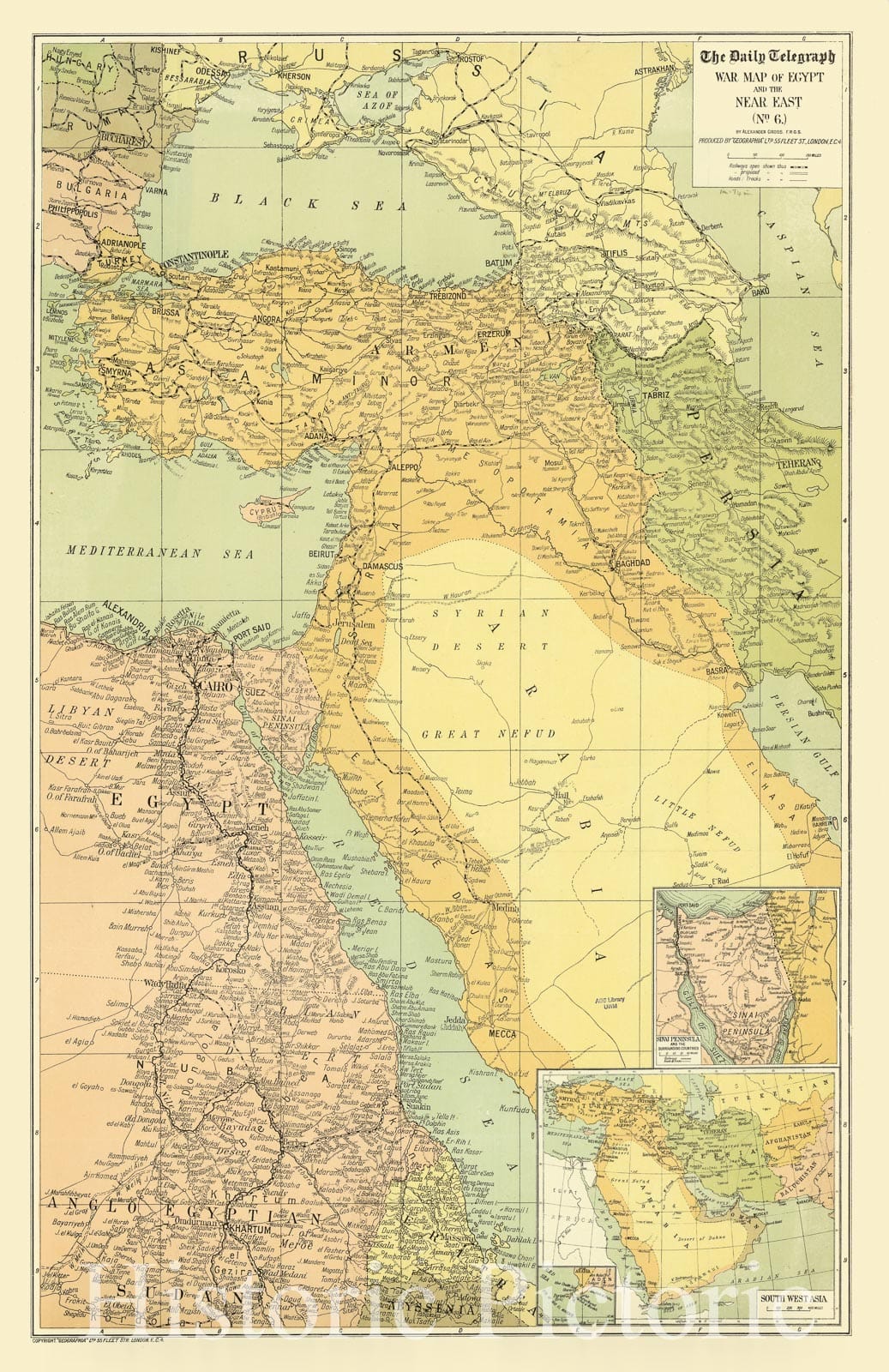 Map : Egypt and the Near East 1918, The Daily Telegraph war map of Egypt and the Near East (no. 6) , Antique Vintage Reproduction