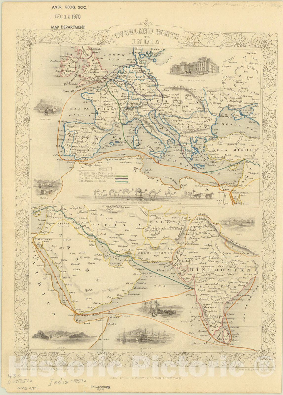 Map : Europe to India 1851, Overland route to India , Antique Vintage Reproduction