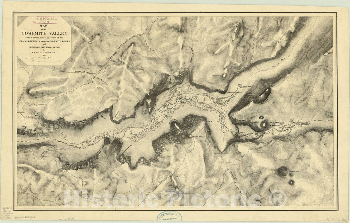 Map : Yosemite Valley, California 1865, Map of the Yosemite Valley to manage the Yosemite Valley and Mariposa Big Tree Grove , Antique Vintage Reproduction