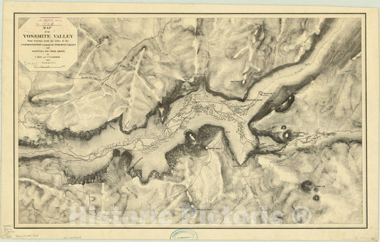 Map : Yosemite Valley, California 1865, Map of the Yosemite Valley to manage the Yosemite Valley and Mariposa Big Tree Grove , Antique Vintage Reproduction