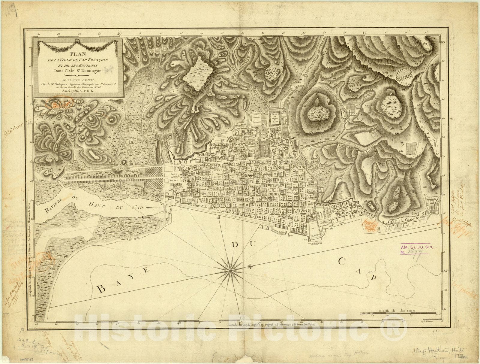 Map : Haiti 1786, Plan de la ville du Cap Franc?ois et de ses environs dans l'isle St. Domingue, Antique Vintage Reproduction