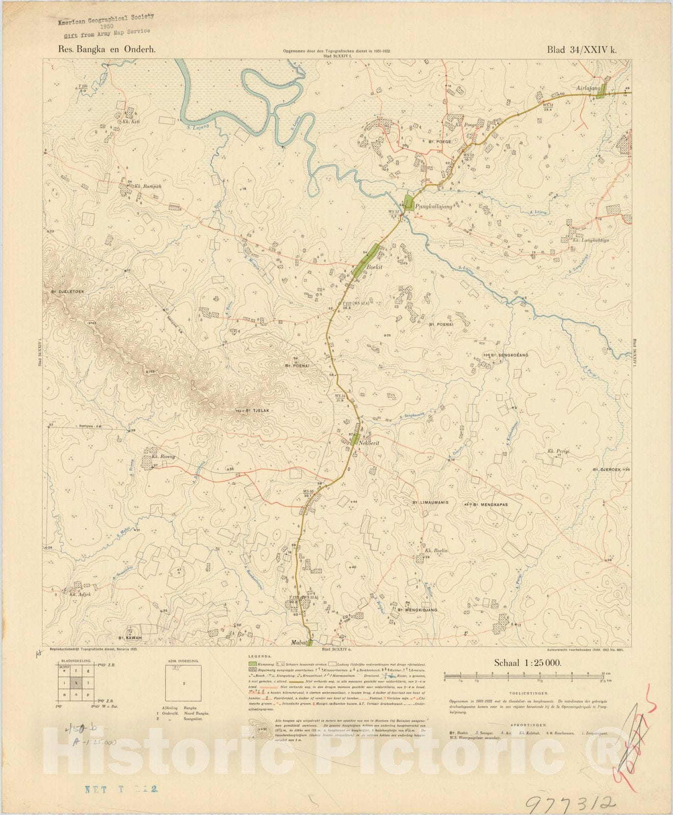 Map : Bangka Island, Indonesia 1935 19, Res. Bangka en Onderh : topografische en fotogrammetrische kaarterring, Antique Vintage Reproduction