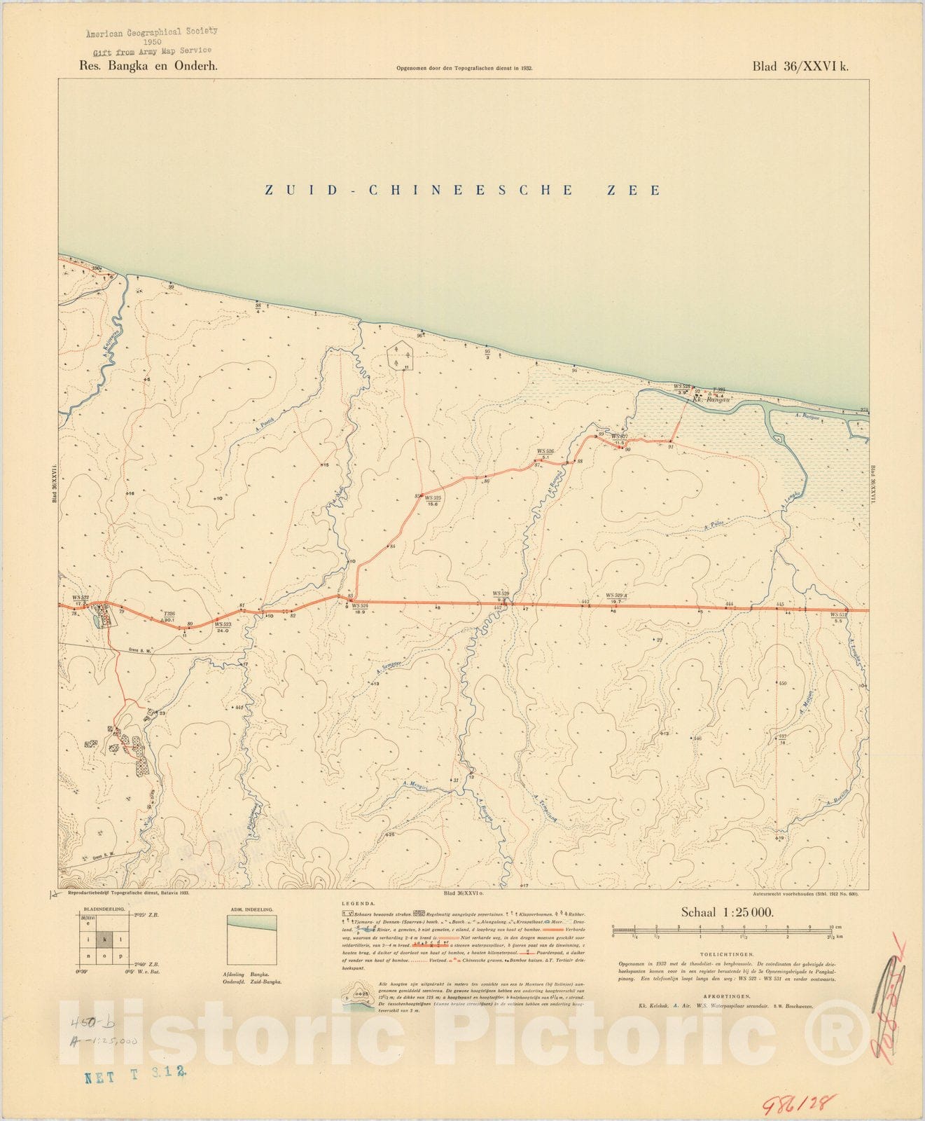 Map : Bangka Island, Indonesia 1935 2, Res. Bangka en Onderh : topografische en fotogrammetrische kaarterring, Antique Vintage Reproduction