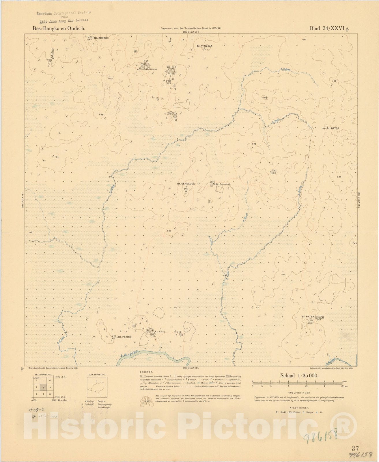 Map : Bangka Island, Indonesia 1935 7, Res. Bangka en Onderh : topografische en fotogrammetrische kaarterring, Antique Vintage Reproduction