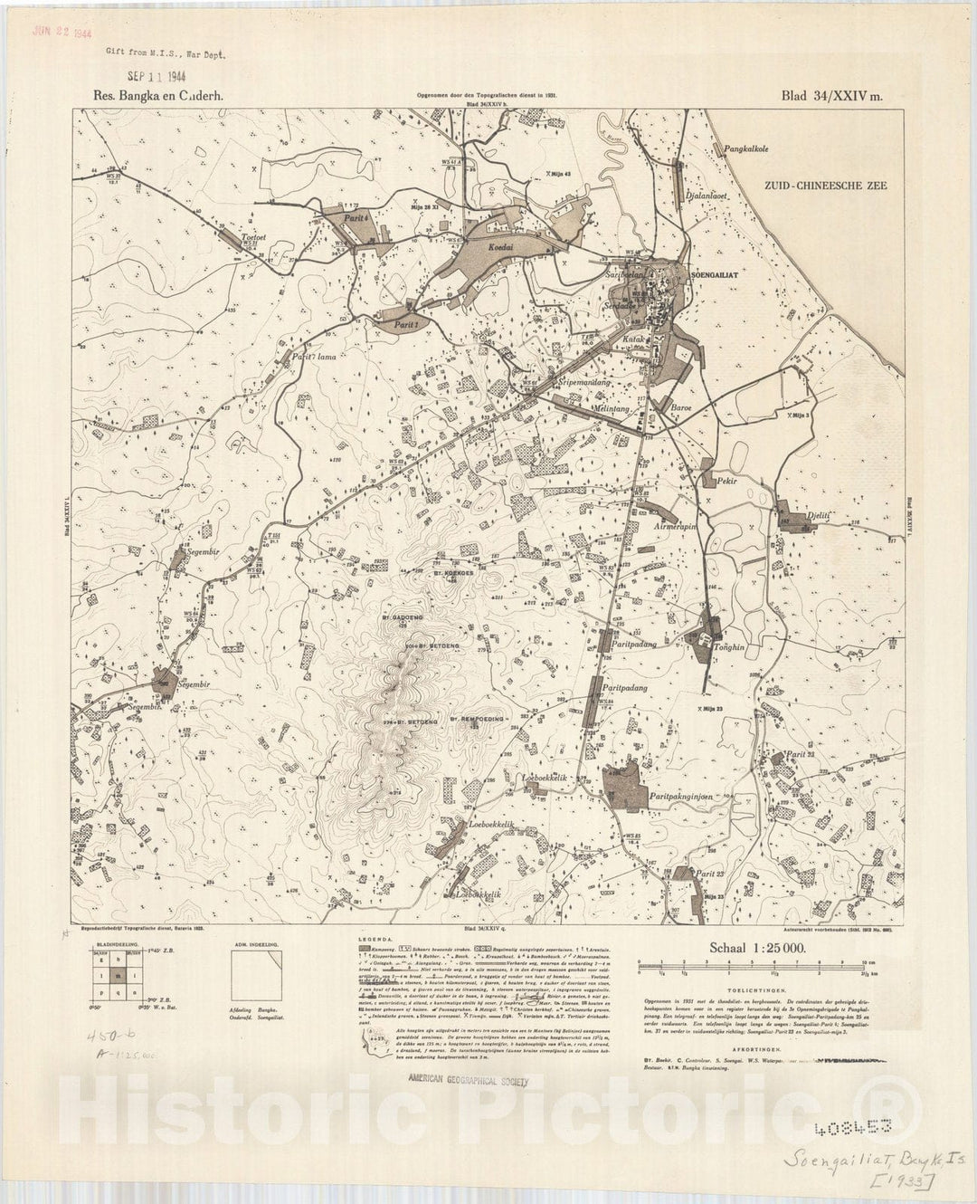 Map : Bangka Island, Indonesia 1935 11, Res. Bangka en Onderh : topografische en fotogrammetrische kaarterring, Antique Vintage Reproduction