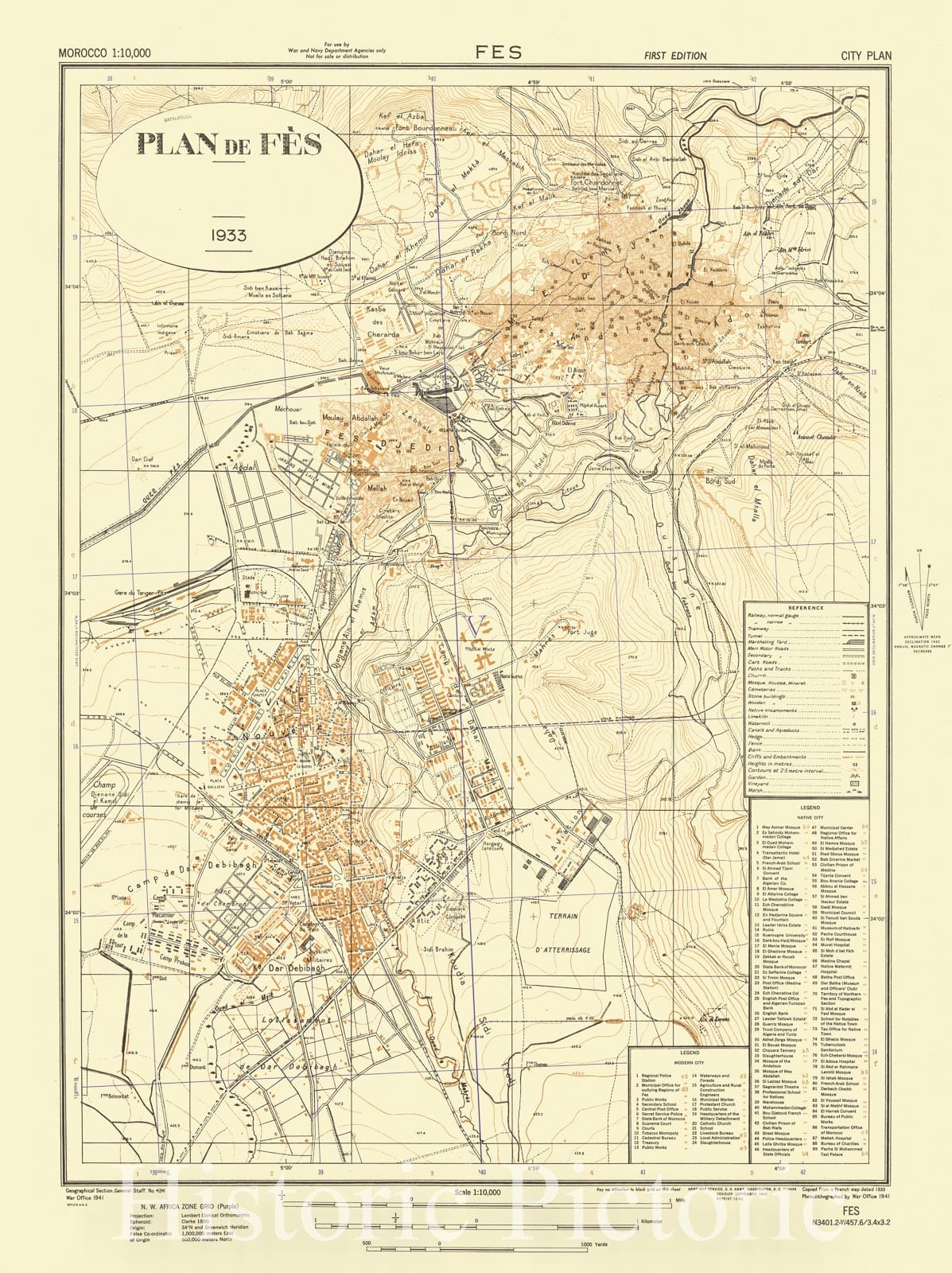 Map : Fes, Morocco 1942, Plan de Fes 1933. Morocco 1:10,000 Fes city plan, Antique Vintage Reproduction