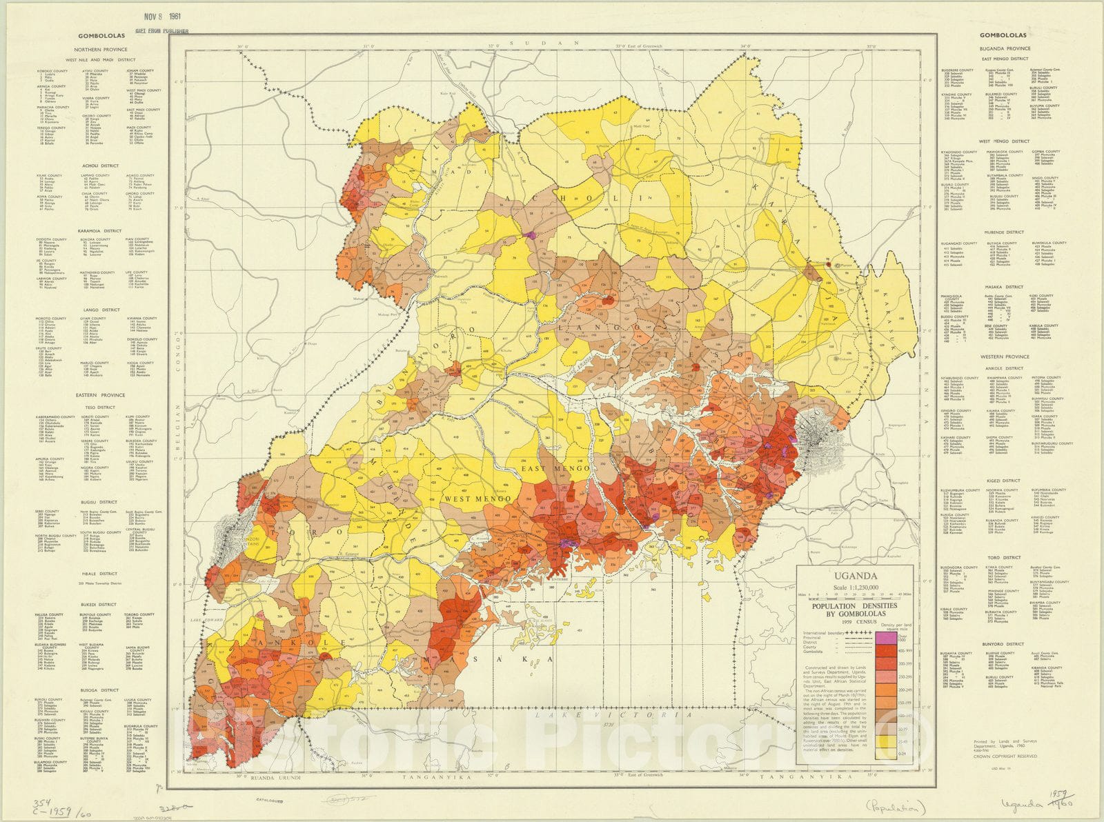 Map : Uganda 1960, Uganda population densities by gombololas, 1959 census, Antique Vintage Reproduction