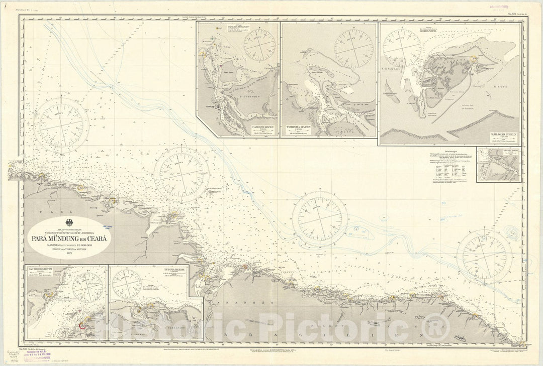 Map : Brazil 1930, Atlantischer Ozean, Nordost-Kuste von Sud-Amerika, Para Mundung bis Ceara , Antique Vintage Reproduction