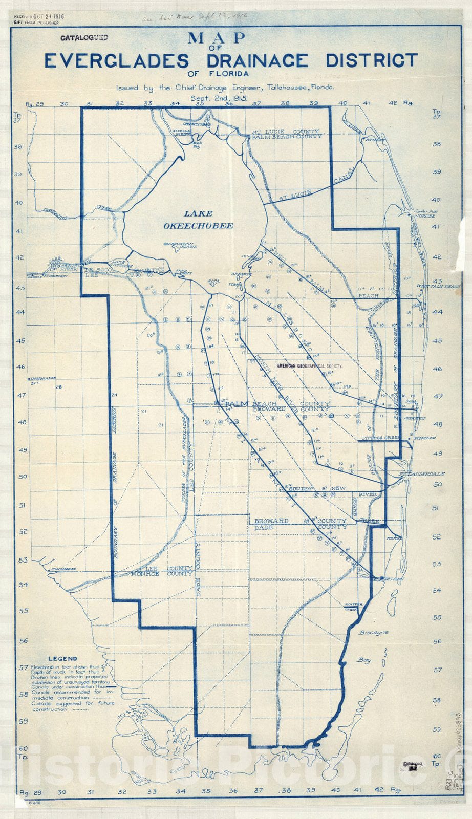 Map : Florida Everglades 1915, Map of Everglades Drainage District of Florida , Antique Vintage Reproduction