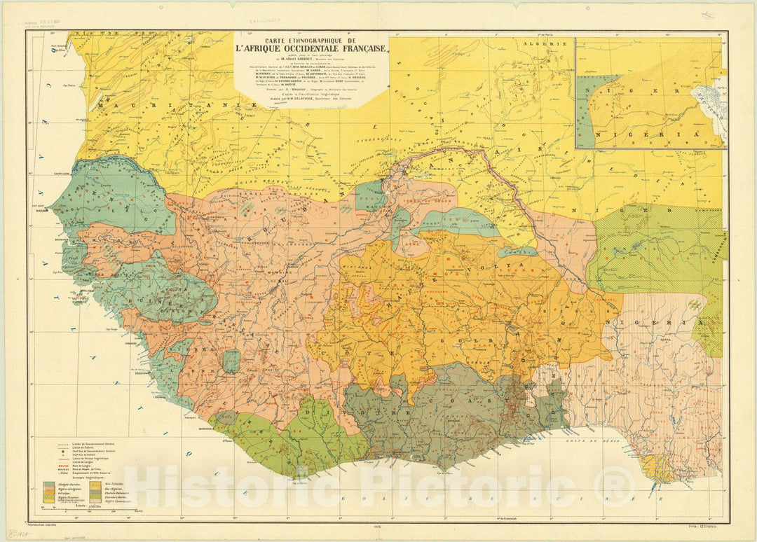 Map : Africa 1924, Carte ethnographique de l'Afrique occidentale Francaise , Antique Vintage Reproduction