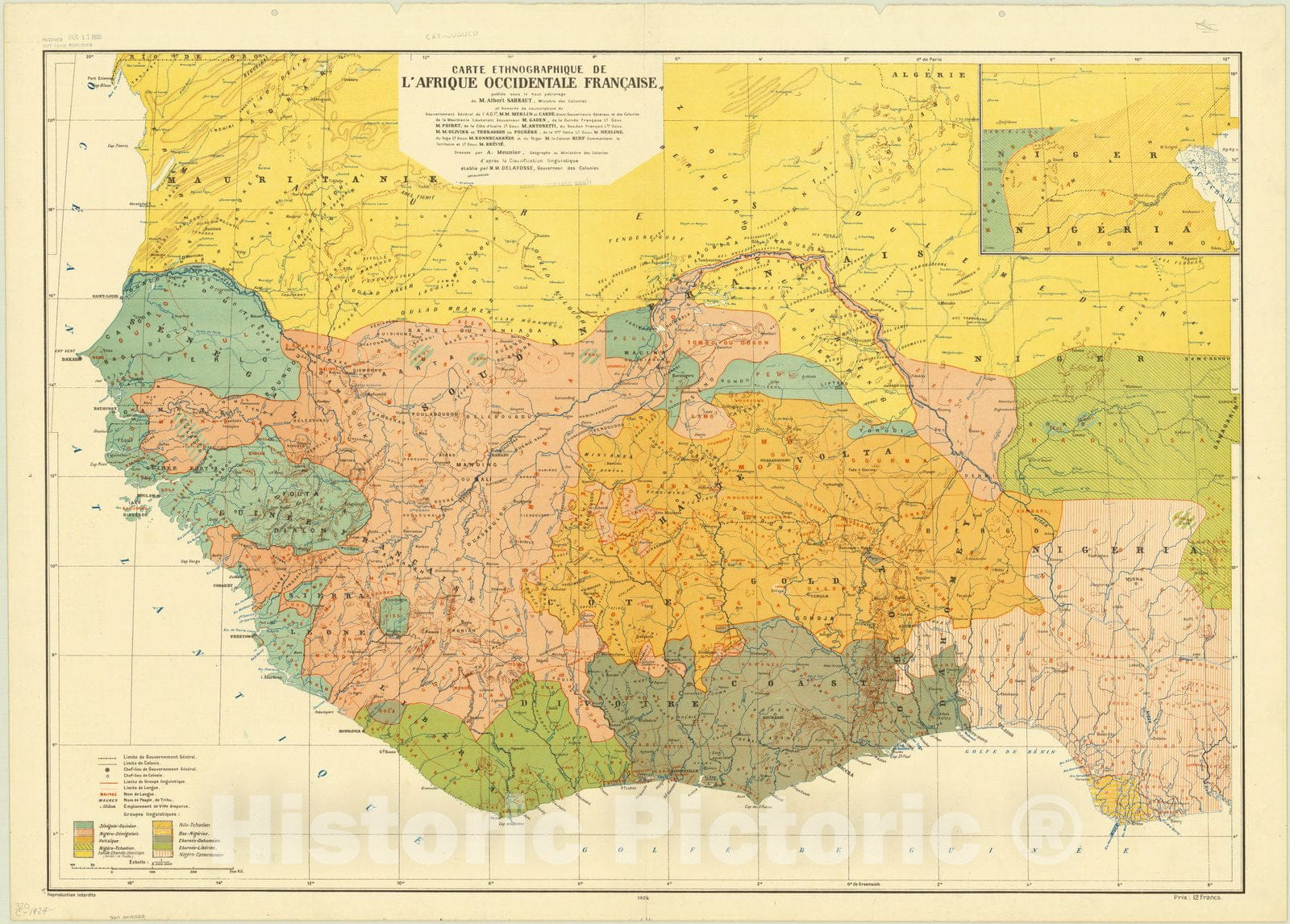 Map : Africa 1924, Carte ethnographique de l'Afrique occidentale Francaise , Antique Vintage Reproduction