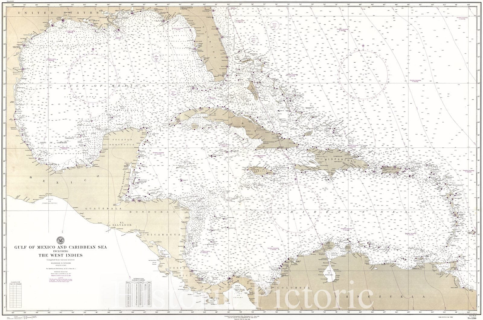 Map : Gulf of Mexico 1949, Gulf of Mexico and Caribbean Sea including the West Indies , Antique Vintage Reproduction