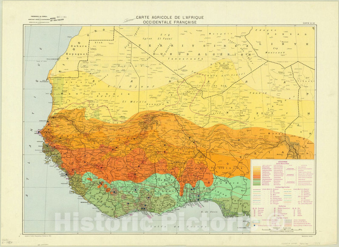 Map : Africa 1954, Carte agricole de l'Afrique occidentale Francaise , Antique Vintage Reproduction